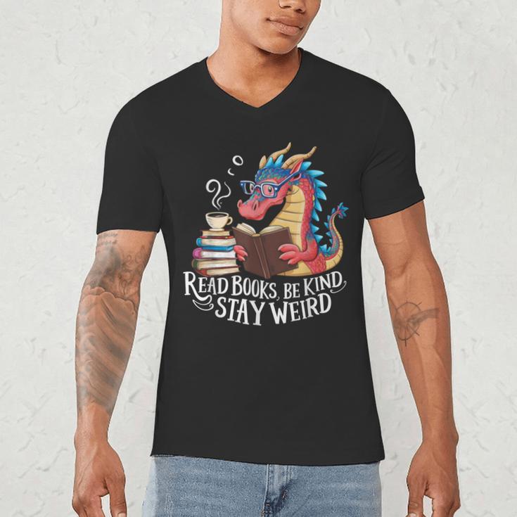 Adorable Book Lover Dragon Read Books Be Kind Stay Weird Men's V-Neck T-Shirt