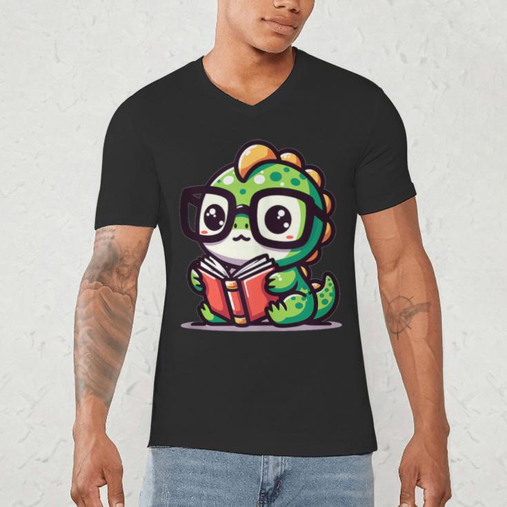 Adorable Book Lover Iguana With Reading Glasses Cute Men's V-Neck T-Shirt