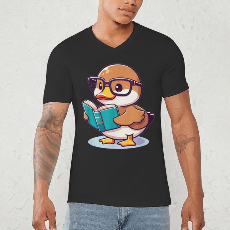 Adorable Book Lover Mallard Duck With Reading Glasses Cute Men's V-Neck T-Shirt