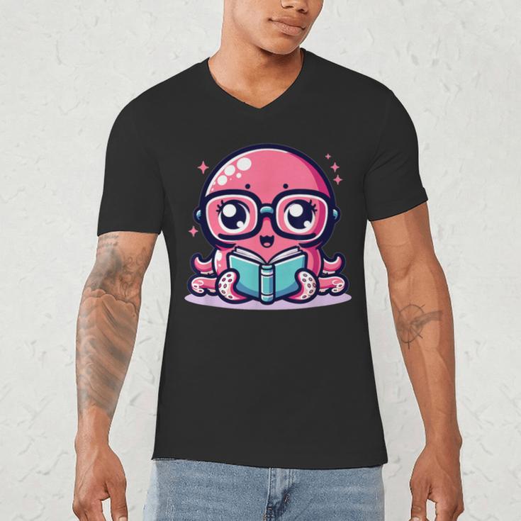 Adorable Book Lover Octopus With Reading Glasses Cute Men's V-Neck T-Shirt