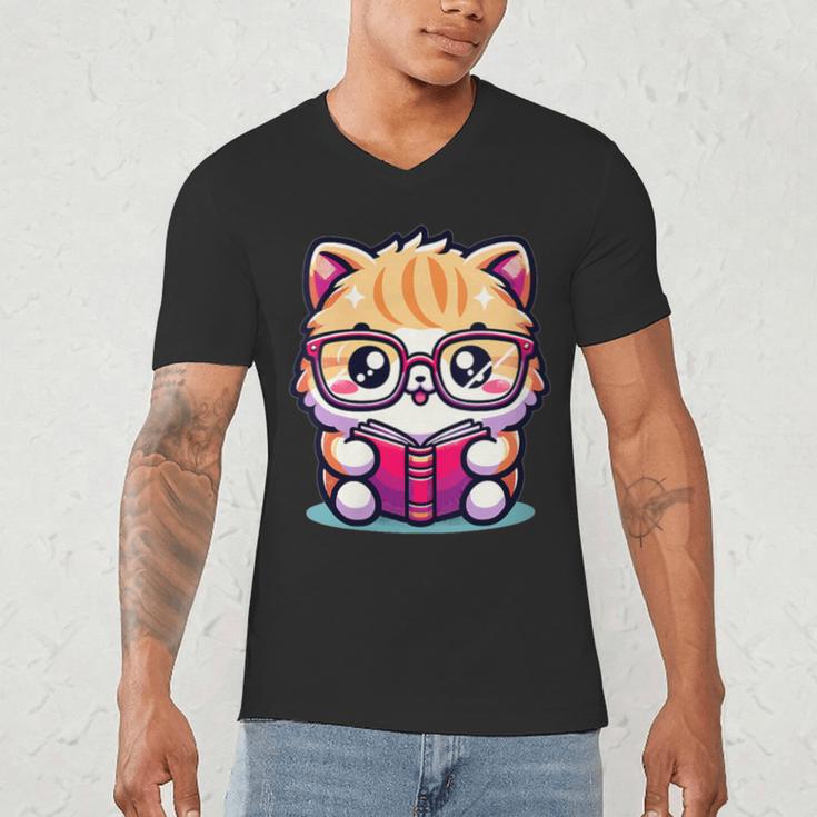 Adorable Book Lover Persian Cat With Reading Glasses Cute Men's V-Neck T-Shirt