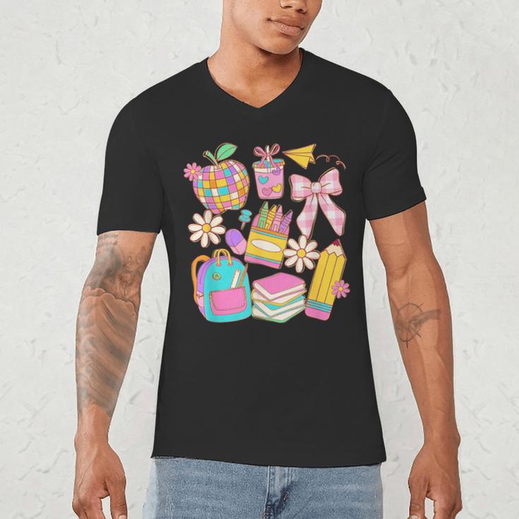 Apple Disco Pencil Books Bow Teacher Student Back To School Men's V-Neck T-Shirt
