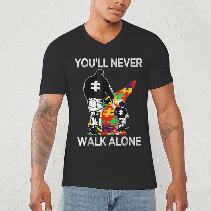 Autism Dad Support Alone Puzzle You'Ll Never Walk Men's V-Neck T-Shirt