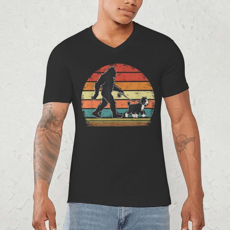 Bigfoot Walking a Dog Bernedoodle Dog Dad Men's V-Neck T-Shirt