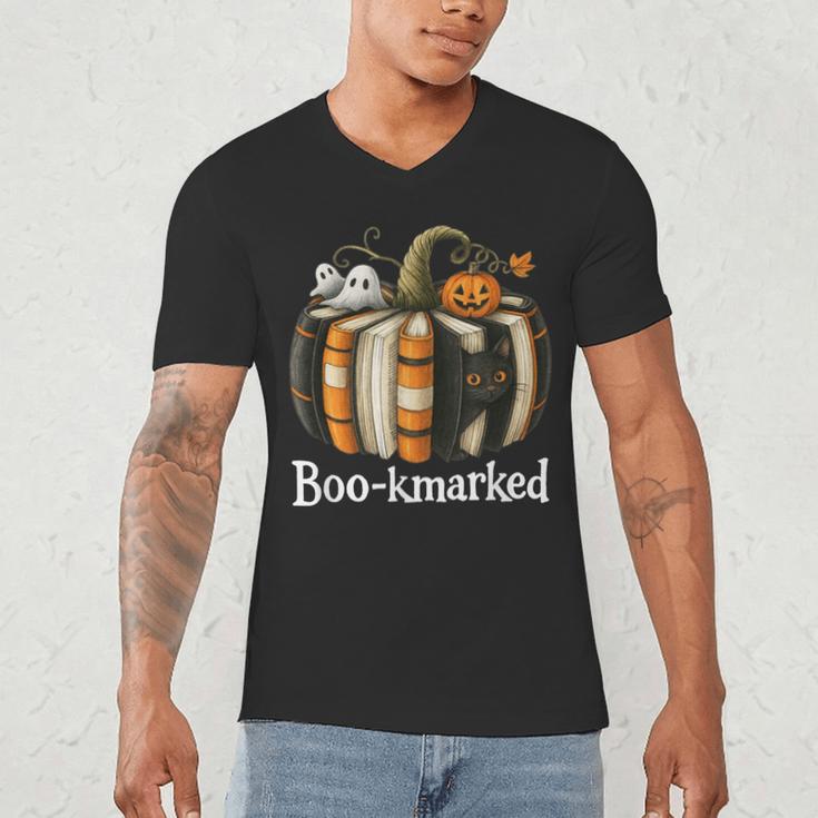 Boo-Kmarked Fall Pumpkin Books Halloween Teacher Teaching Men's V-Neck T-Shirt