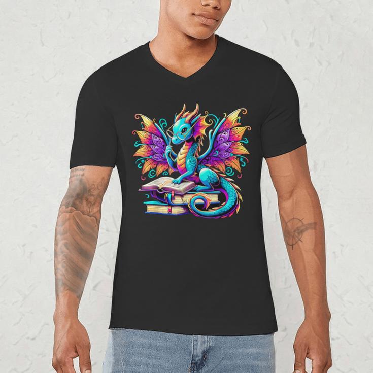 Book Dragon Reading Men's V-Neck T-Shirt Book Dragon Reading Men's V-Neck T-Shirt