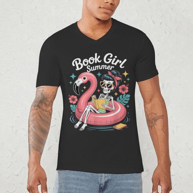 Book Girl Summer Skeleton Reading Books Lovers Beach Men's V-Neck T-Shirt