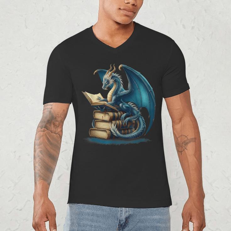 Book Lover Bookworm Reading Books Dragon Sci-Fi Character Men's V-Neck T-Shirt