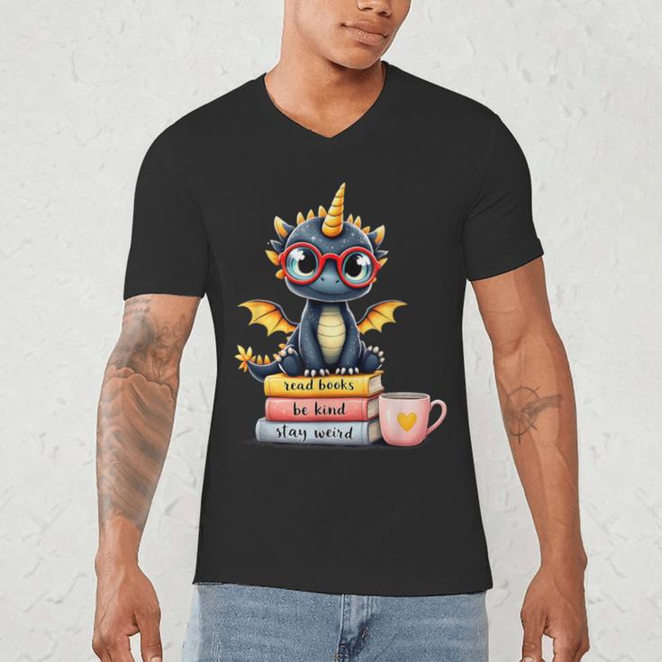 Book Lover Cute Baby Dragon Reading Men's V-Neck T-Shirt Book Lover Cute Baby Dragon Reading Men's V-Neck T-Shirt