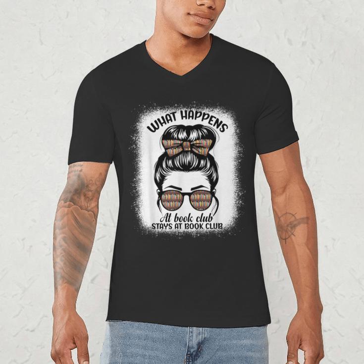 Book Lover What Happens At Book Club Stays Messy Bun Girls Men's V-Neck T-Shirt