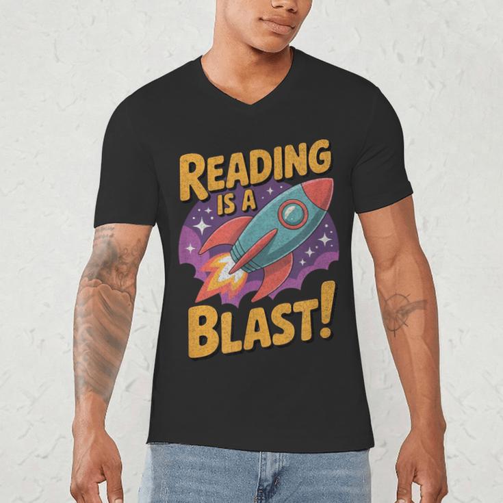 Book Lover Kids And Adults Reading Is a Blast Rocket Ship Men's V-Neck T-Shirt