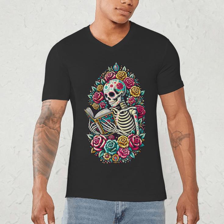 Book Lover Skeleton Reading With Dia De Los Muertos Flowers Men's V-Neck T-Shirt