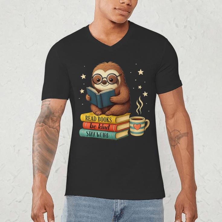 Book Lover Sloth Reading Bookish Library Read Books Be Kind Men's V-Neck T-Shirt