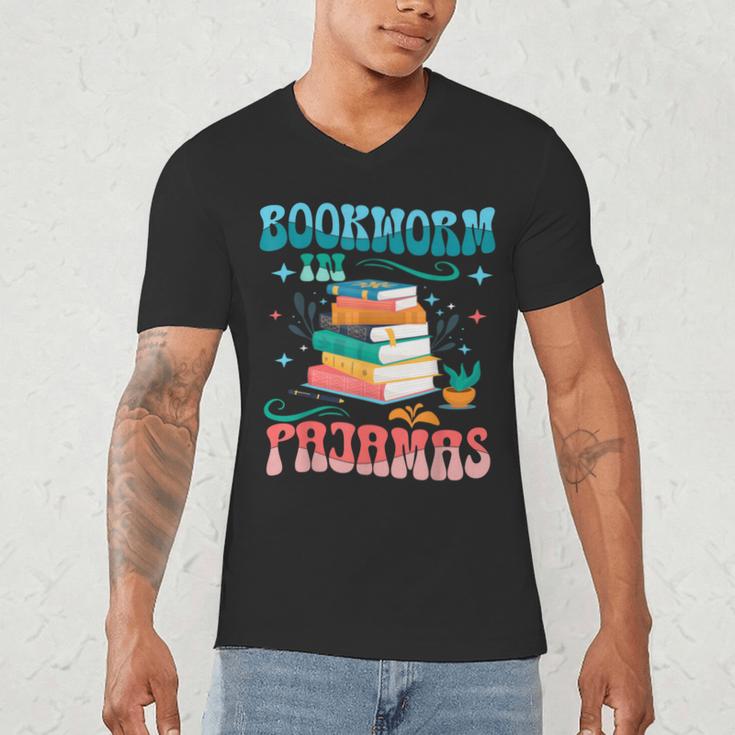 Book Reader Librarian Bookworm In Pajamas Book And Pajama Men's V-Neck T-Shirt Book Reader Librarian Bookworm In Pajamas Book And Pajama Men's V-Neck T-Shirt