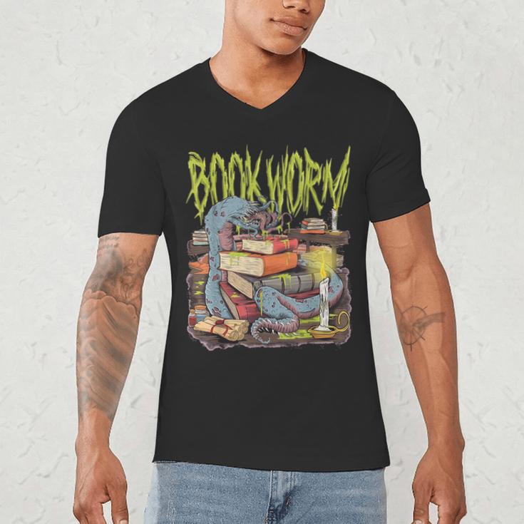 Graphic Book Worm Monster Horror Reading Book Lover Men's V-Neck T-Shirt