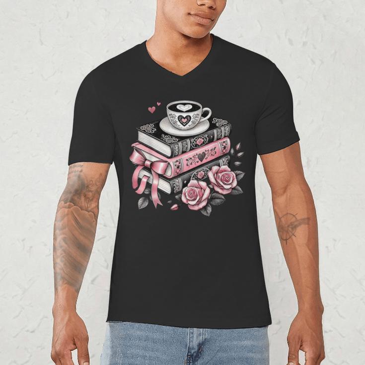All Booked For Valentine's Coquette Bow Books Teacher Girly Men's V-Neck T-Shirt All Booked For Valentine's Coquette Bow Books Teacher Girly Men's V-Neck T-Shirt