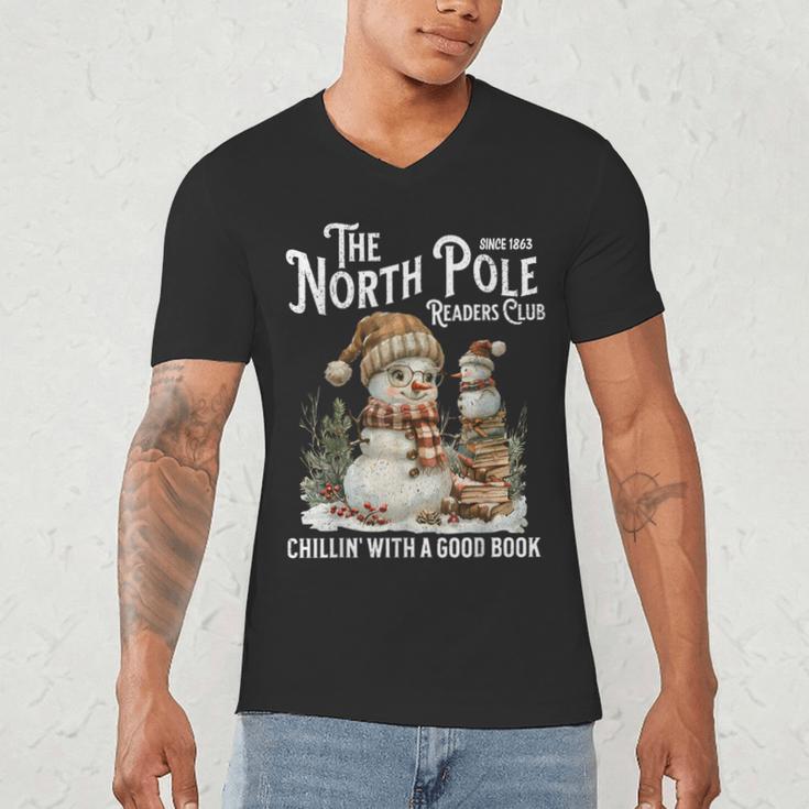 Bookish Christmas North Pole Book Club Snowman Book Worm Men's V-Neck T-Shirt