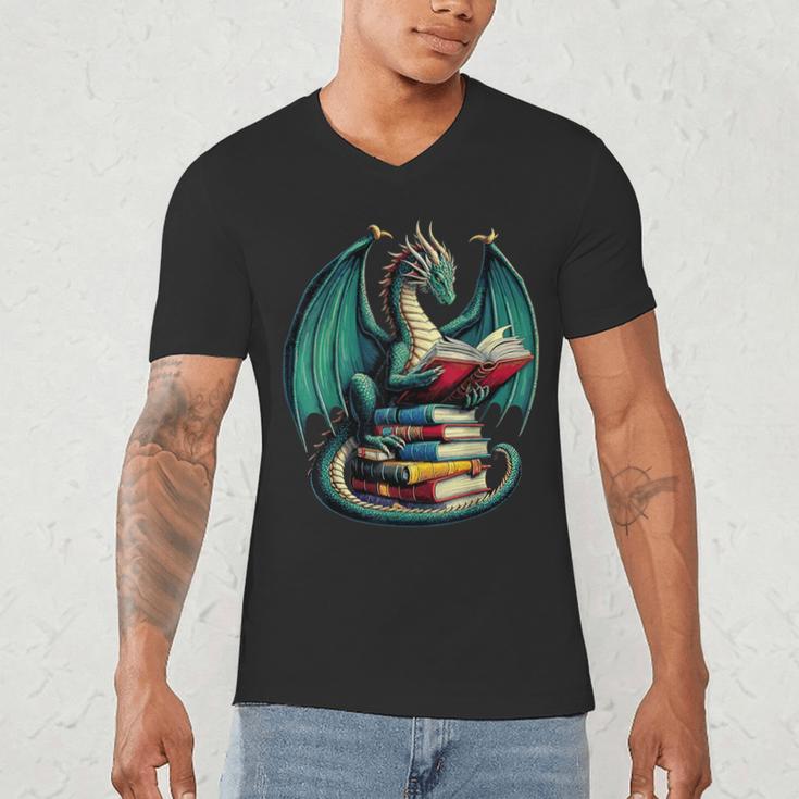 Books Dragon Reading Book Lover Men's V-Neck T-Shirt