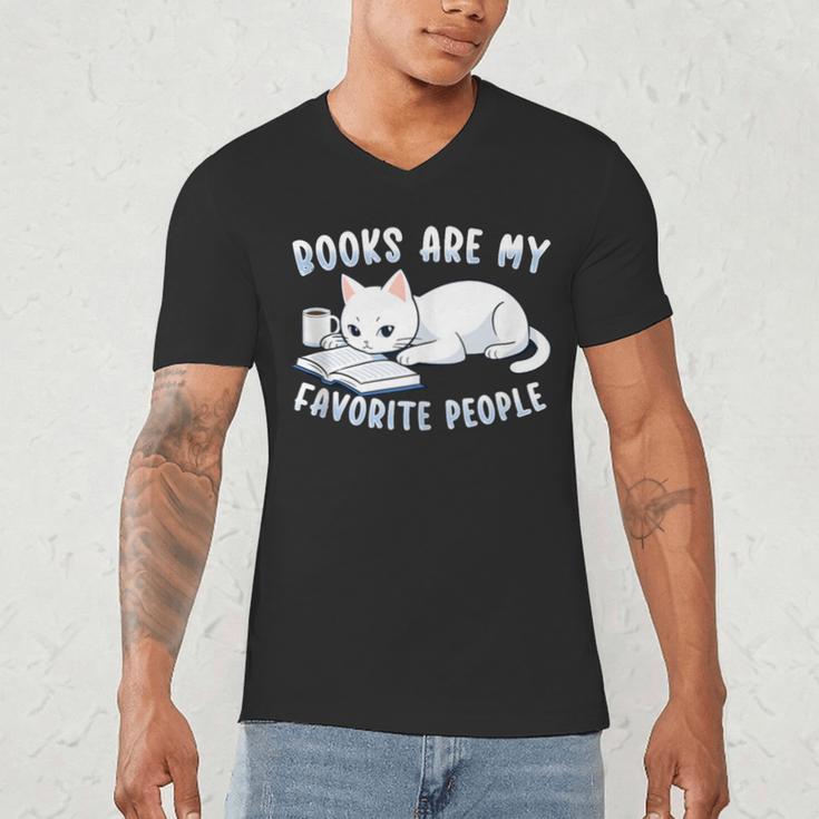 Books Are My Favorite People Cat With Coffee Mug Book Lovers Men's V-Neck T-Shirt