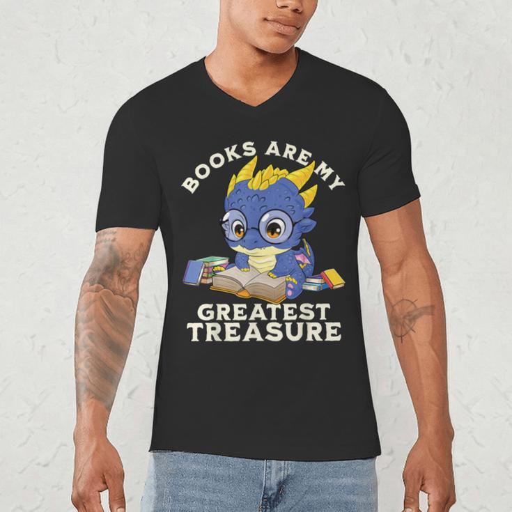 Books Are My Greatest Treasure Kawaii Dragon Reading Books Men's V-Neck T-Shirt