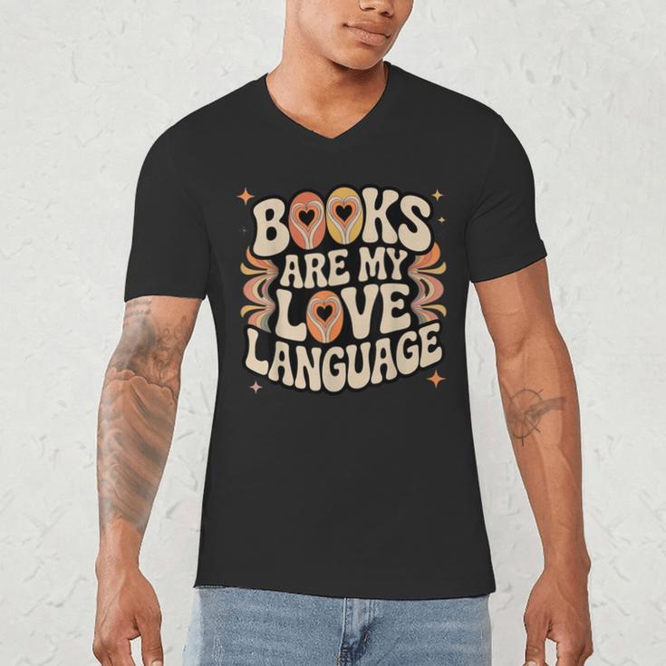 Books Are My Love Language Retro Groovy 70s Book Lover Men's V-Neck T-Shirt Books Are My Love Language Retro Groovy 70s Book Lover Men's V-Neck T-Shirt