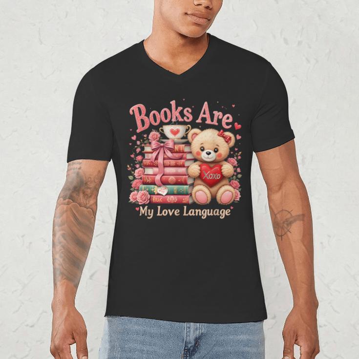 Books Are My Love Language Teddy Bear Book Lovers Valentine Men's V-Neck T-Shirt
