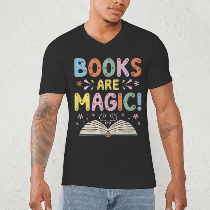 Books Are Magic Whimsical Retro Bookworm Men's V-Neck T-Shirt