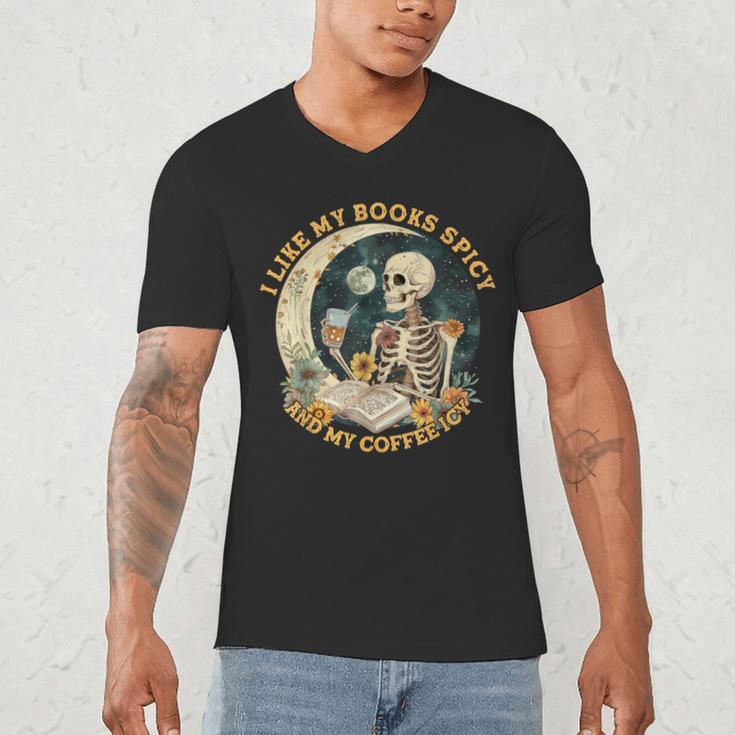 I Like My Books Spicy & My Coffee Icy Skeleton Read Book Men's V-Neck T-Shirt