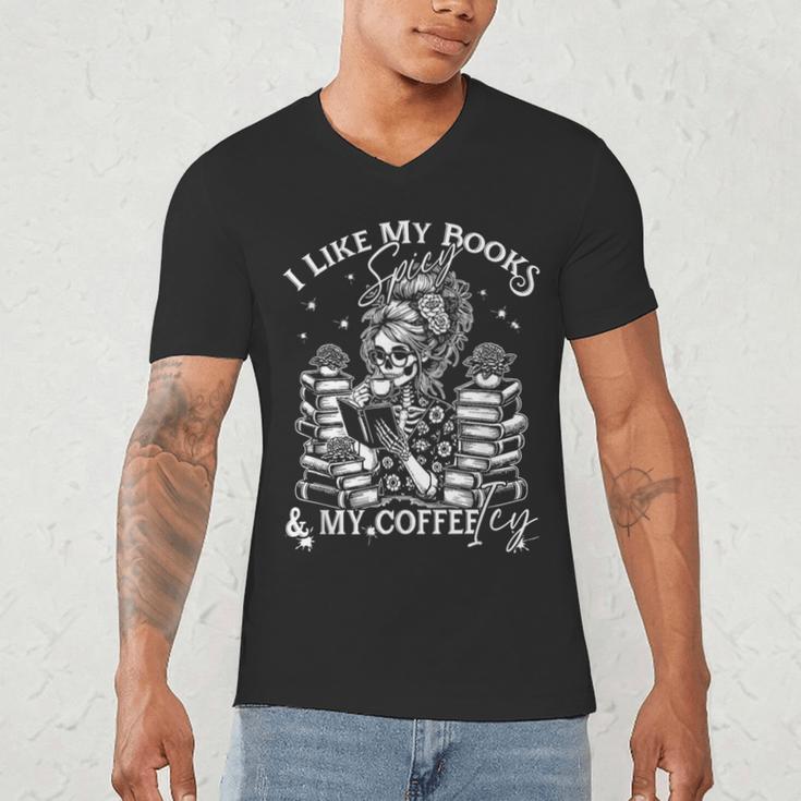 I Like My Books Spicy And My Coffee ICY Skeleton Meme Men's V-Neck T-Shirt
