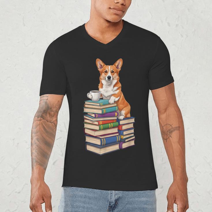Bookworm Corgi Reading Books Drinking Coffee Dog Lover Men's V-Neck T-Shirt Bookworm Corgi Reading Books Drinking Coffee Dog Lover Men's V-Neck T-Shirt