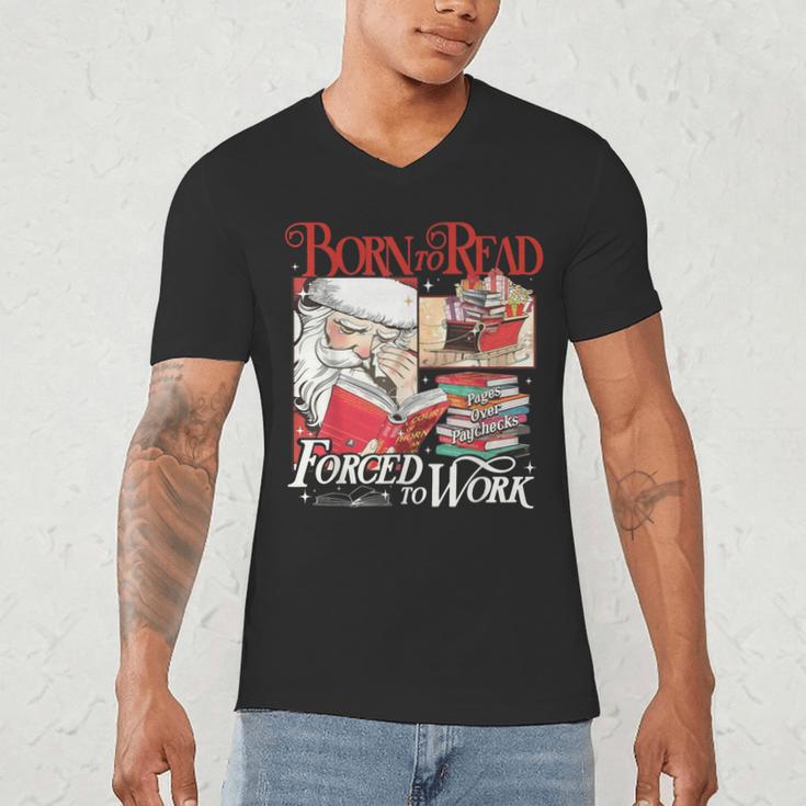 Born To Read Forced To Work Santa Christmas Book Lover Retro Men's V-Neck T-Shirt
