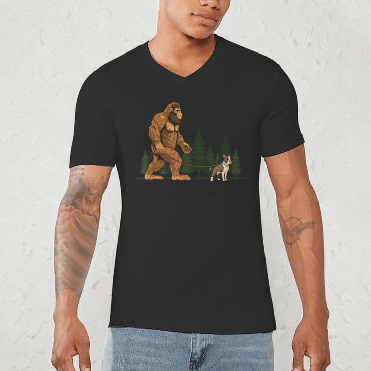 Boston Terrier Bigfoot Dog Walking Dog Mom Dad Kids Men's V-Neck T-Shirt