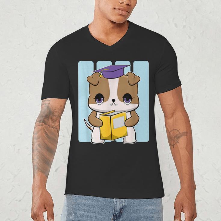 Bulldog Anime Pup Graduation Men's V-Neck T-Shirt