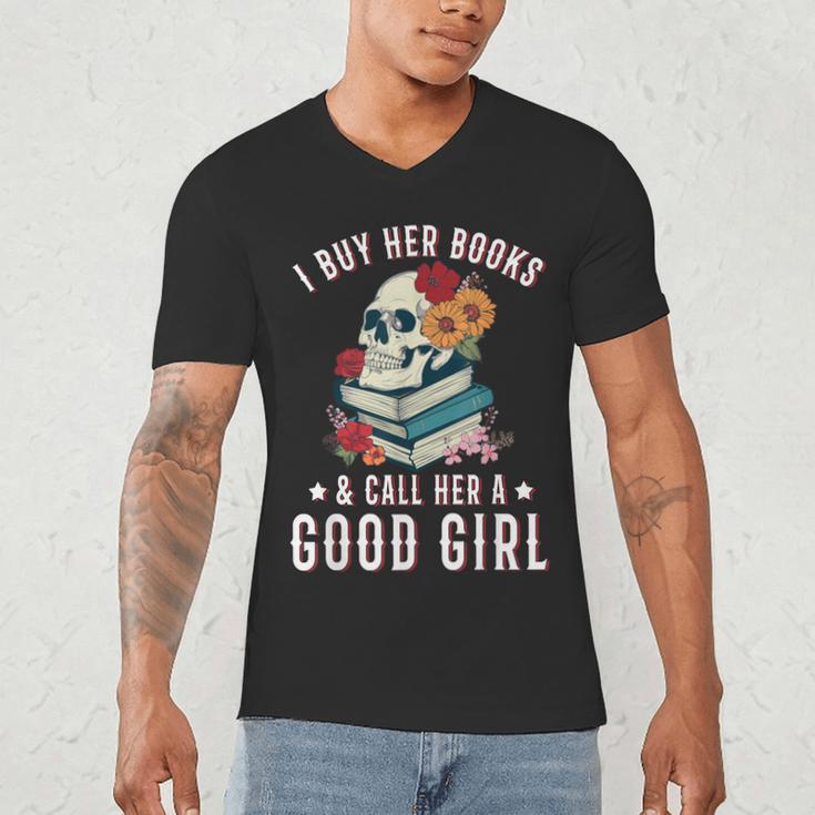 I Buy Her Books Call Her A Good Girl Book Lover Skull Men's V-Neck T-Shirt