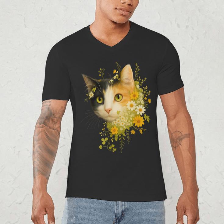 Calico Cat With Flowers For Mom Dad Women Men Kids Botanical Men's V-Neck T-Shirt
