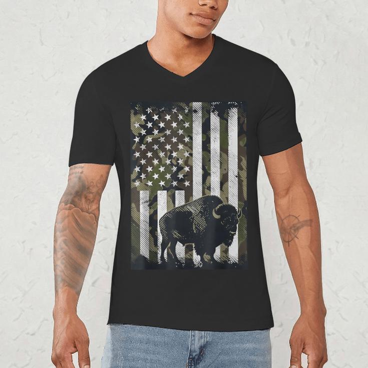 Camo USA Flag Bison Camouflage Hunting Wildlife Hunter Dad Men's V-Neck T-Shirt
