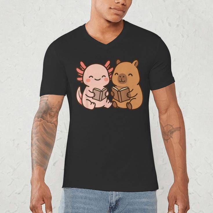 Capybara Axolotl Kawaii Kids Anime Book Lover Reading Men's V-Neck T-Shirt Capybara Axolotl Kawaii Kids Anime Book Lover Reading Men's V-Neck T-Shirt