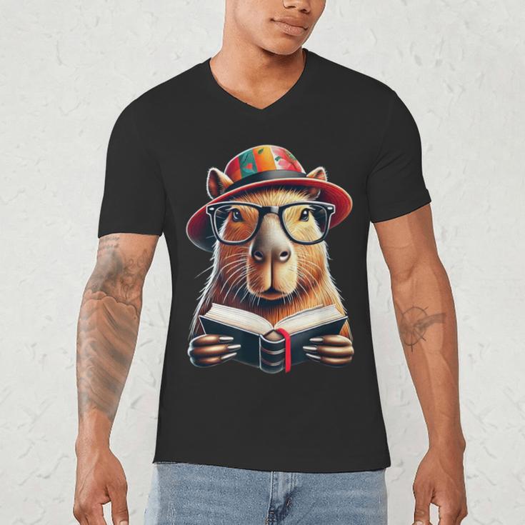 Capybara Bookworm Rodent Reading a Book Men's V-Neck T-Shirt Capybara Bookworm Rodent Reading a Book Men's V-Neck T-Shirt