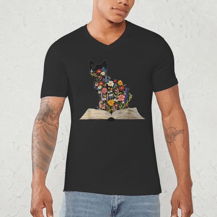 Cat Book Flowers Men's V-Neck T-Shirt
