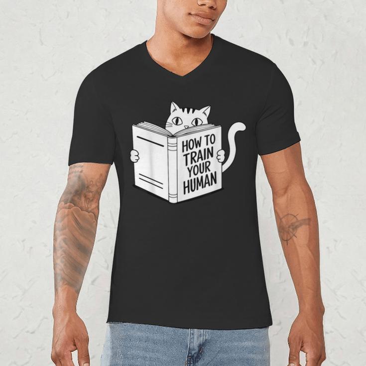 Cat Book Humor How To Train Your Human Men's V-Neck T-Shirt Cat Book Humor How To Train Your Human Men's V-Neck T-Shirt
