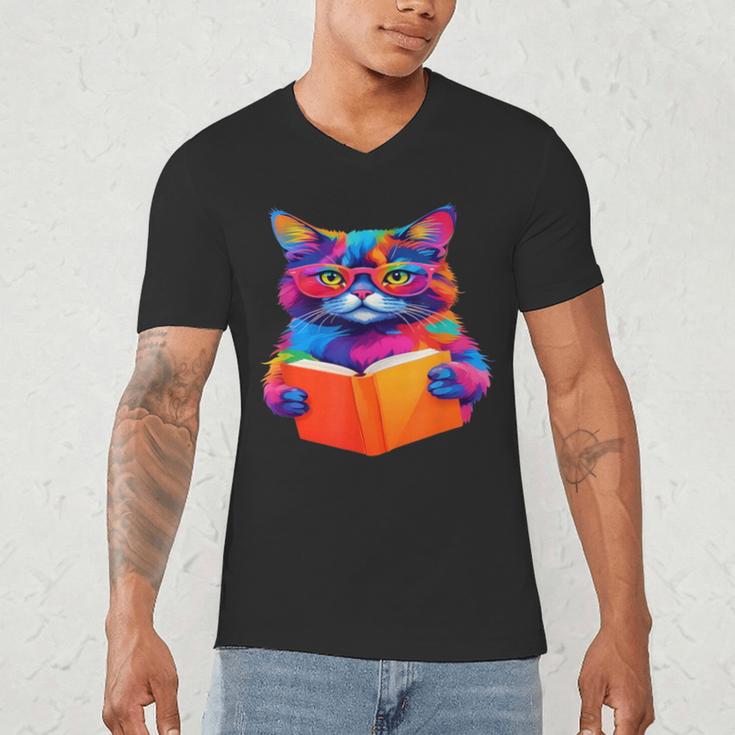 Cat Book Shirt Colorful Cat Reading Book Men's V-Neck T-Shirt Cat Book Shirt Colorful Cat Reading Book Men's V-Neck T-Shirt