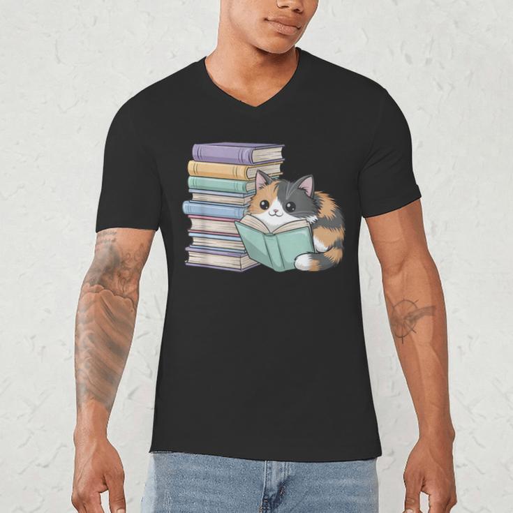 Cat On Books Pets Cats Reading Book Nerd Read Reader Bookcat Men's V-Neck T-Shirt Cat On Books Pets Cats Reading Book Nerd Read Reader Bookcat Men's V-Neck T-Shirt