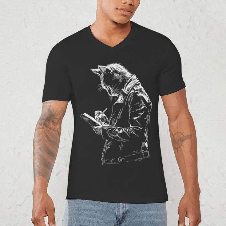 Cat Holds Book Writing Animal Print Motif Drawing Art Cat Men's V-Neck T-Shirt Cat Holds Book Writing Animal Print Motif Drawing Art Cat Men's V-Neck T-Shirt
