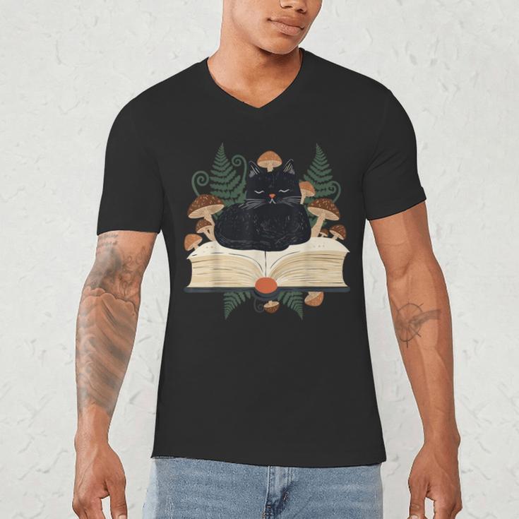 Cat On Open Book Mushrooms Ferns Dark Academia Men's V-Neck T-Shirt
