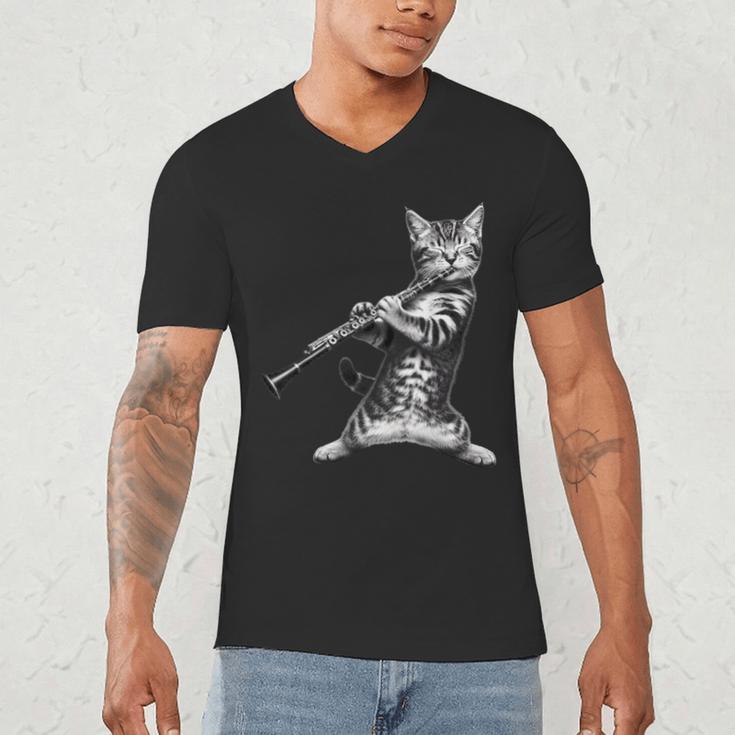 Cat Playing The Clarinet For Cat Lover Cat Mom Cat Dad Men's V-Neck T-Shirt Cat Playing The Clarinet For Cat Lover Cat Mom Cat Dad Men's V-Neck T-Shirt