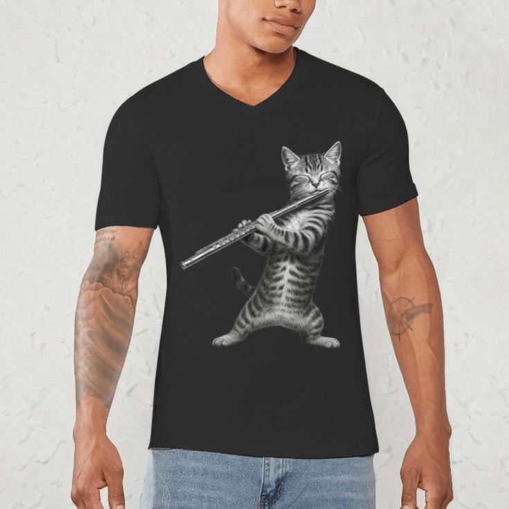 Cat Playing Flute For Cat Lover Cat Mom Cat Dad Men's V-Neck T-Shirt