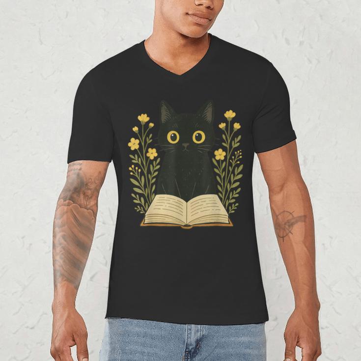 Cat Reading Book Flowers Men's V-Neck T-Shirt