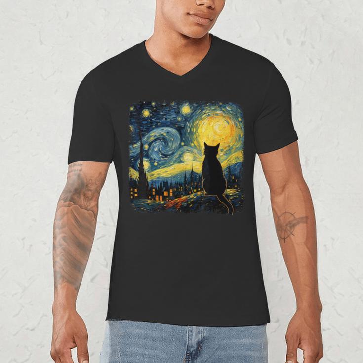Cat Starry Night Van Gogh Cat For Cat Lover Cat Mom Cat Dad Men's V-Neck T-Shirt Cat Starry Night Van Gogh Cat For Cat Lover Cat Mom Cat Dad Men's V-Neck T-Shirt