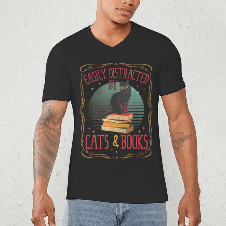 Cats And Books Lover Reading Literary Feline Humor Men's V-Neck T-Shirt