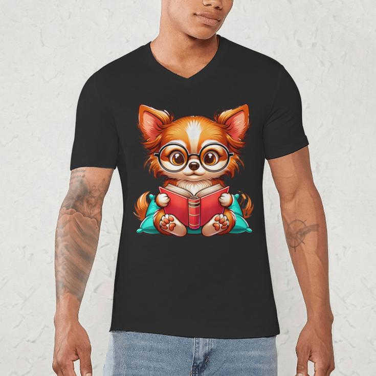 Chihuahua Reading a Book Dog Men's V-Neck T-Shirt
